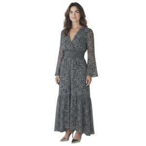Bardot Woman’s Sally Long Sleeve Black with White Print Flowy Cocktail Dress 6
